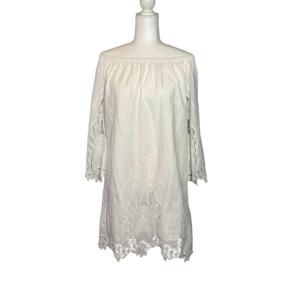 Cliche white cotton off-the-shoulder sack dress with intricate embroidered sleev